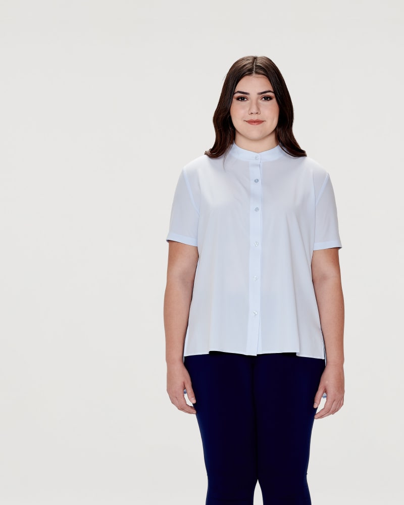 Front of a model wearing a size L Ada Top - Original in Light Blue by Cotidié. | dia_product_style_image_id:299367